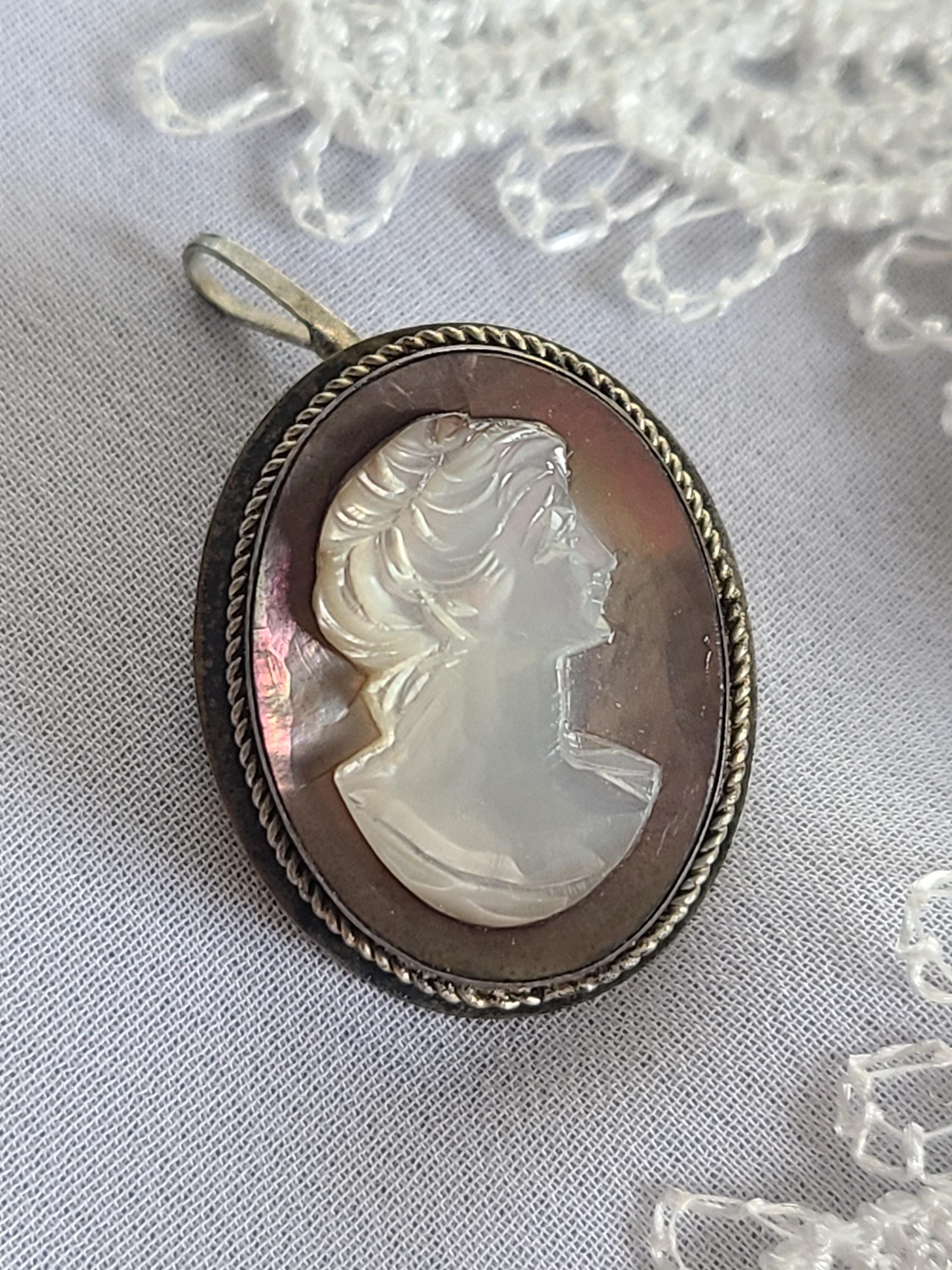 Vintage 800 Silver Carved Abalone and Mother of Pear Cameo Pendant Brooch