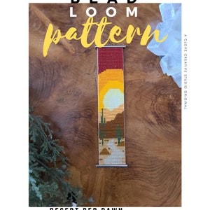 May include: Bead loom pattern for a bracelet called "Desert Red Dawn". The pattern features a sunset over a desert landscape with cacti and a winding path. The pattern is made with red, orange, yellow, brown, green, and white beads.
