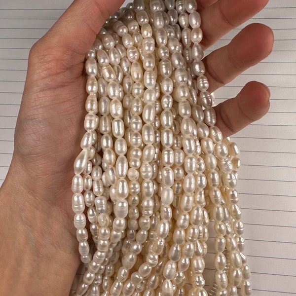 5mm Freshwater Pearl Beads, Genuine Natural Pearls, Oval Shape Beautiful Cream White Colour Pearls, Shiny Great Quality, Through Hole, UK