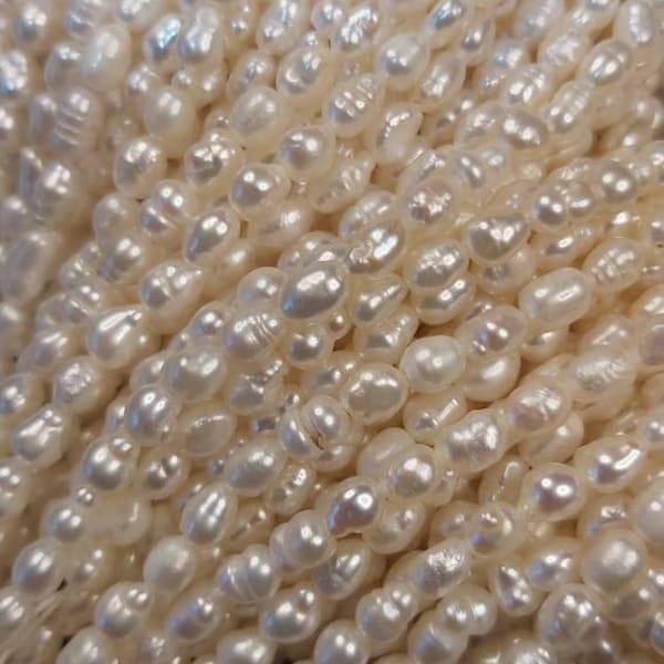 4mm Oval Freshwater Pearl Beads, Genuine Natural Pearls, Beautiful Cream White Colour Pearls, Shiny Quality Beads, Through Hole, UK
