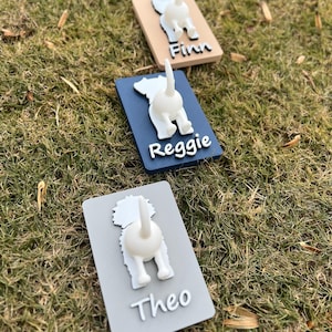 May include: Three dog-shaped hooks with the names "Finn", "Reggie", and "Theo" written on them. The hooks are made of wood and painted in different colors: beige, blue, and gray.