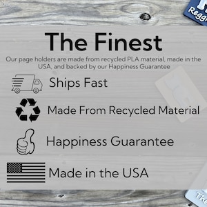 May include: A gray and white sign with the text "The Finest" and a description of the product's features: "Ships Fast", "Made From Recycled Material", "Happiness Guarantee", and "Made in the USA".