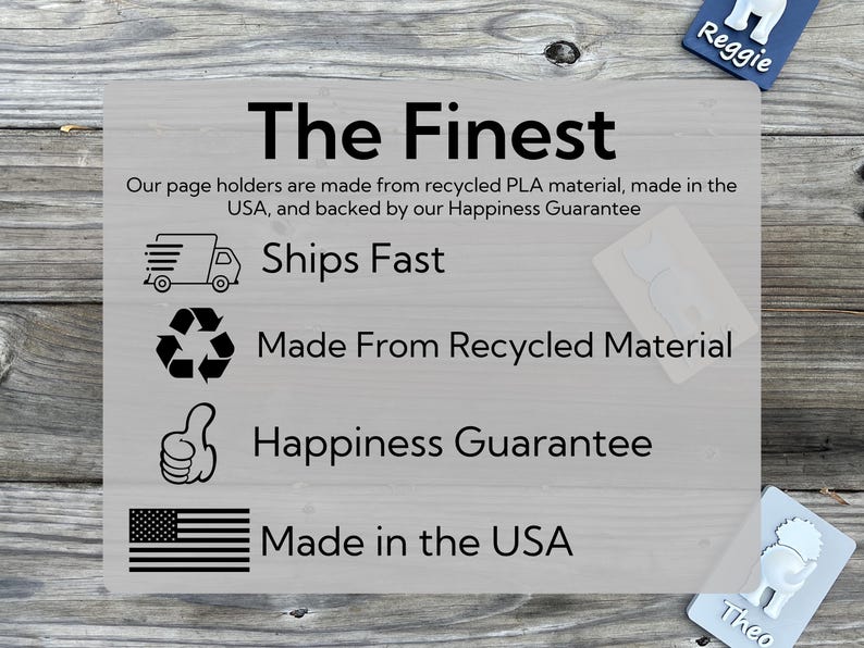 May include: A gray and white sign with the text "The Finest" and a description of the product's features: "Ships Fast", "Made From Recycled Material", "Happiness Guarantee", and "Made in the USA".