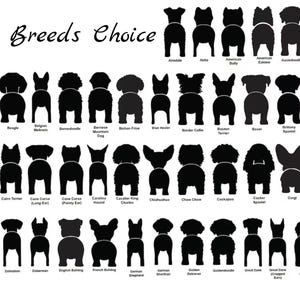 May include: A chart of various dog breeds, with each breed represented by a black silhouette of the dog's rear end. The chart is titled "Dog Breeds Choice".