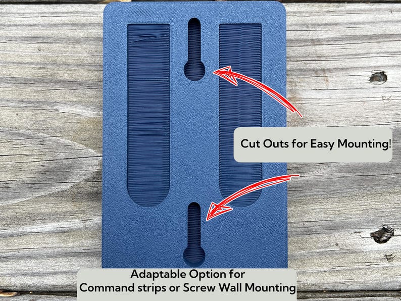 May include: A blue wall mount with cutouts for easy mounting. The text "Adaptable Option for Command strips or Screw Wall Mounting" is printed below the mount.