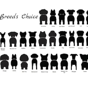 May include: A black and white graphic showing the silhouettes of 25 different dog breeds viewed from behind. The breeds are listed below each silhouette.