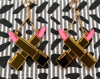 Pink Lipstick Earrings, Jewelry, Earrings, Dangle Earrings