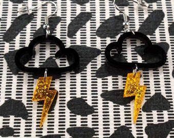 Lighting Cloud Earrings, Jewelry, Earrings, Dangle Earrings, Black & Gold Glitter Earrings