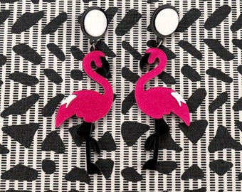 Pink Glitter Flamingo Earrings, Jewelry, Earrings, Dangle Earrings, Pink, Black & White Earrings