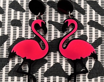 Pink Flamingo Earrings, Jewelry, Earrings, Dangle Earrings, Pink & Black Earrings