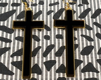 Cross Earrings,Jewelry, Earrings, Dangle Earrings, Black & Gold Earrings