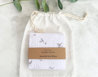 6 Reusable Face Wipes with Storage Bag, Baby wipes, Eco Friendly, Double Gauze & Organic Bamboo Towelling, Gifts for her