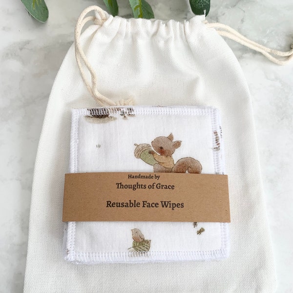 6 reusable Face Wipes with Storage Bag, Eco Friendly, Baby wipes, Washable Face wipes, Double Gauze fabric, organic bamboo towelling, gifts