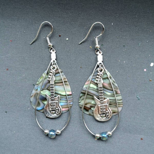 Guitar Teardrop Earrings w Abalone Shell Pearloid color pick or plectrum accented w matching beads with Sterling 925 earwires