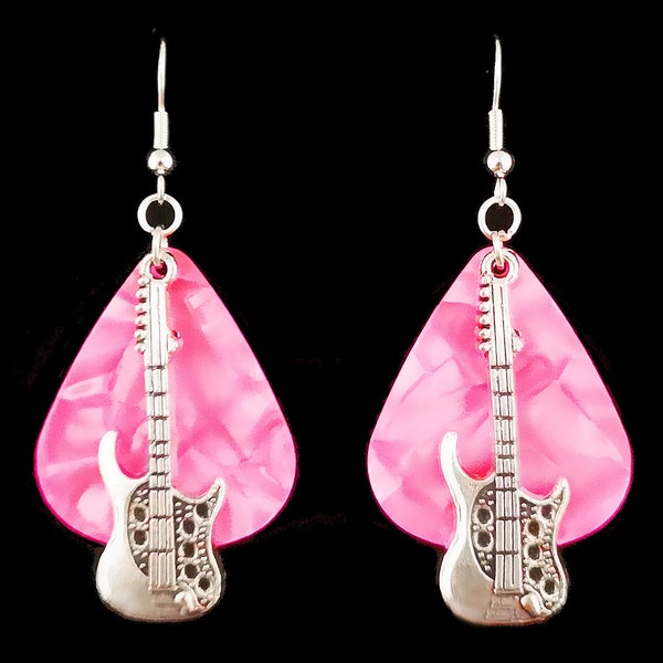 Bright hot pink guitar pick with detailed silver guitar w sterling925 silver ear wires. Live music earrings