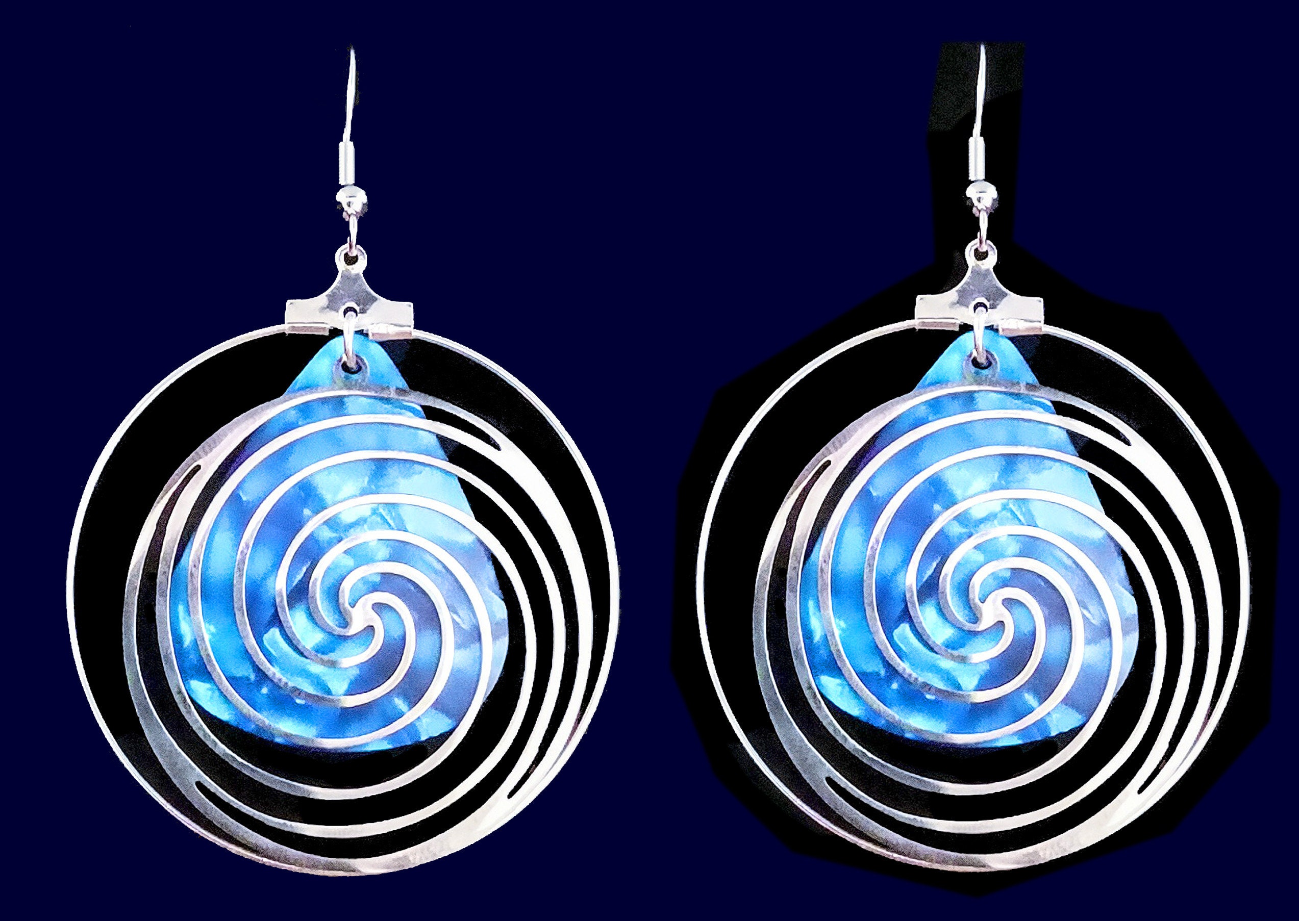 Wave Earrings With Ocean Blue Guitar Pick 40mm Round in Size