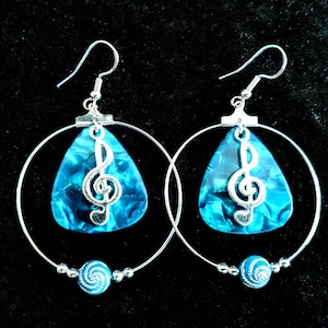 Teal Guitar Pick Hoop Earrings: Sterling Silver Treble Clef, Rhinestone Bead