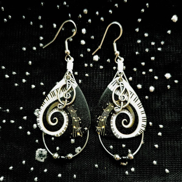 Piano Earrings w Piano Key Design on Guitar Pick on Teardrop hoop.  Accented with Treble Clef or Music Note and finished with matching beads