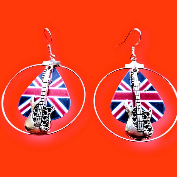 Union jack guitar pick earrings w guitar on 40mm Silver Hoops