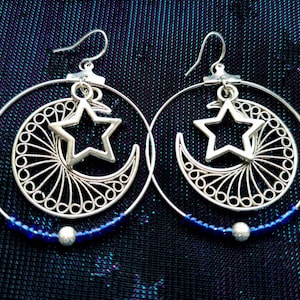 Moon and Star Celestial Earrings on Silver Hoop with matching beads