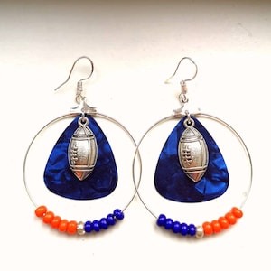 Chicago Bears football earrings 40mm Silver Hoops w football resting on blue guitar pick w matching Bears football color beads
