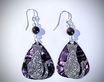 Cat Guitar Pick Earrings: Sterling Silver, Natural Stone Bead