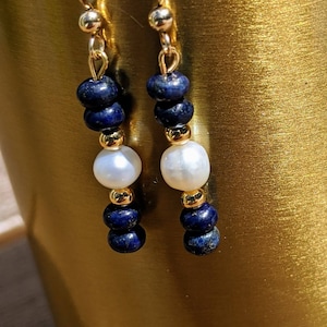 Lapis Lazuli Earrings, Lapis Lazuli Jewelry, Gemstone Earrings, Pearl Earrings,  Drop and Dangle Earrings, Blue and White, Wedding Gift,