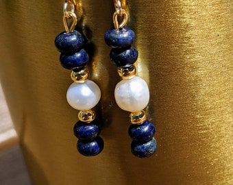 Lapis Lazuli Earrings, Lapis Lazuli Jewelry, Gemstone Earrings, Pearl Earrings,  Drop and Dangle Earrings, Blue and White, Wedding Gift,