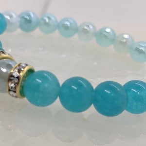 Crystal Blue Jade and Blue Agate Bracelet, Gemstone Bracelet, Valentine&#39;s Day, Self Gift, Gift for Women, BFF Gift, Blue and Gold, Swarovski