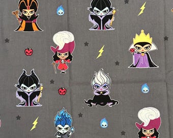 Disney Villains Cute Lineup Gray Prewashed Cotton Fabric Fat Quarters 18”x21” / Remnant 12"x42"