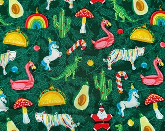 Keepsake Calico Fun Christmas Ornaments Green Cotton Fabric fat quarter 18"x21" / remnant 15"x42"
