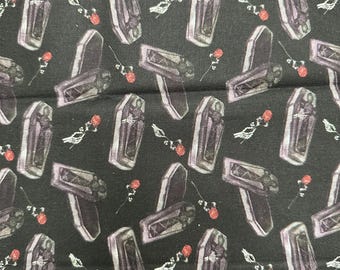 Halloween Coffins Black Cotton Fabric Remnant 16”x21”