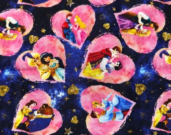 Disney Couples, Princess and Prince, Hearts, Love Cotton Fabric fat quarter 18”x28”