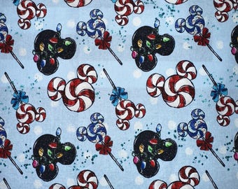 Christmas Mouse candy and lights cotton fabric remnant 17”x36”