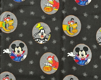 Disney Fab 4 Badges Mickey Mouse and Friends Halloween Badge Black Cotton Fabric fat quarter 18"x21"