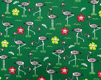Christmas Flamingos With Santa Hats Green Cotton Fabric fat quarter 18"x21" / remnant 16"x42"