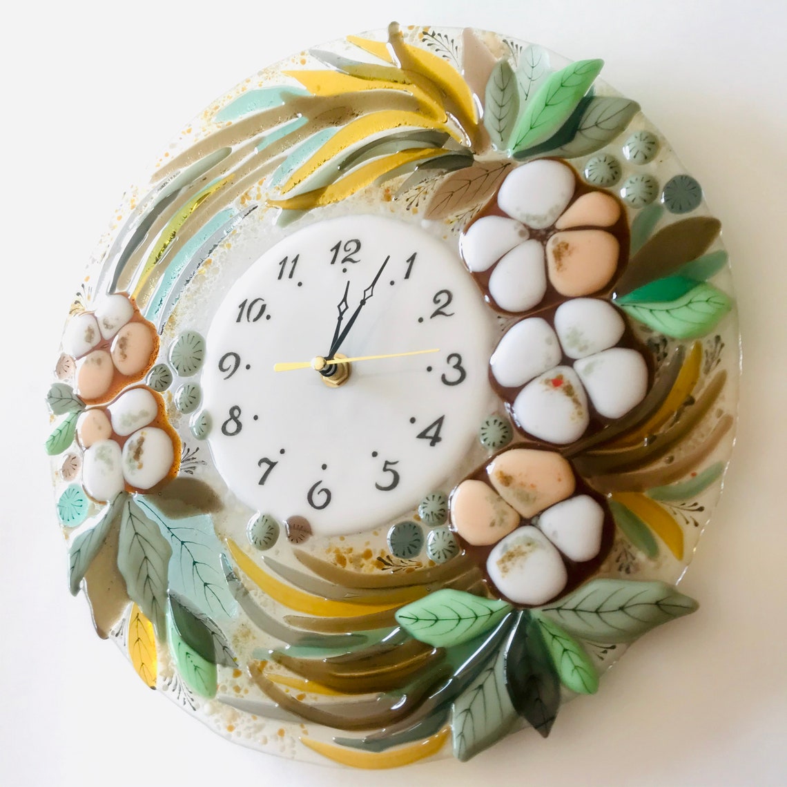 Silent wall clock with white flowers for apartment decor / Etsy