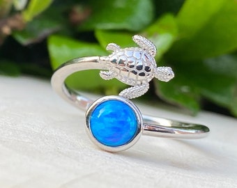 Blue Opal Sterling Silver Adjustable Ring. Silver Turtle Ring. Opal Moon Ring. Adjustable Silver Band. Sea Live Jewelry. Opal Rings. Gift