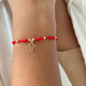 Knots Red String Bracelet. Small Plain Charm Cross Gold Plated. Adjustable String Bracelet.Protection Bracelet. Religious Jewelry Good Luck.