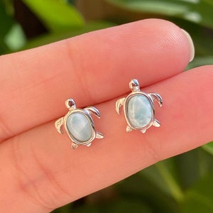 Natural Larimar Sea Turtle Earrings. Sterling Silver Stud Earrings. Sea Life Jewelry. Small Stud Earrings. Turtle Earrings. Animal Earrings.
