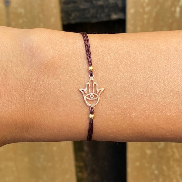 Rose Gold Hamsa Hand Bracelet. Hand of God Charm. Adjustable String Bracelet. Friendship Bracelet. Hamsa Handmade Luck. Prosperity. Jewelry.