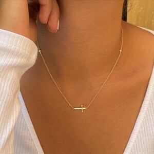Cross Necklace. Gold Necklace. Delicate Necklace. Mini Sideways Cross Necklace. Minimalist Necklace. Religious. Sterling Silver. Jewelry.