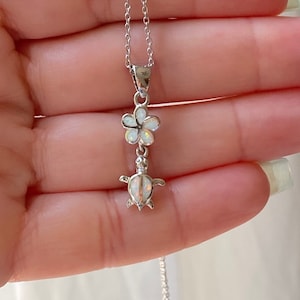 Opal Plumeria & Turtle Necklace. Sterling Silver Necklace. White Opal Plumeria and Turtle Necklace. Nautical Jewelry. Sea Life Jewelry Gift.