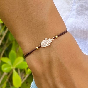 Rose Gold Cz Hamsa Bracelet. Fatima Bracelet. Adjustable String Bracelet. Cz Charm Bracelet. Hamsa Jewelry. Friendship Bracelet. Hand Of God
