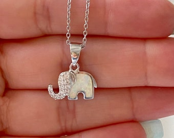 White Opal Elephant Necklace. CZ Elephant Necklace. White Opal Sterling Silver Elephant Necklace. Jewelry. Good Luck Necklace. Gif for Her.
