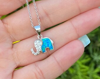 Blue Opal Elephant Necklace. CZ Elephant Necklace. Blue Opal Sterling Silver Elephant Necklace. Jewelry. Good Luck Necklace. Gif for Her.