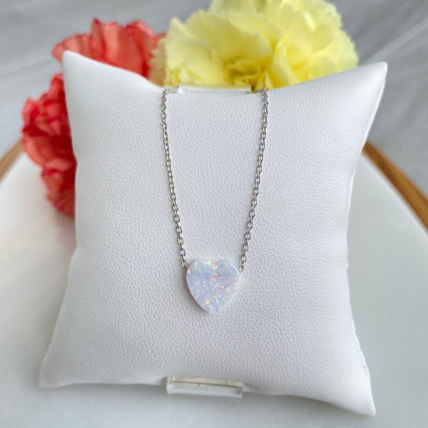 Opal Heart Necklace. White Opal Heart Necklace. Heart Necklace. Sterling Silver Necklace. Love Necklace. Valentine's Day Gift. Opal Jewelry.