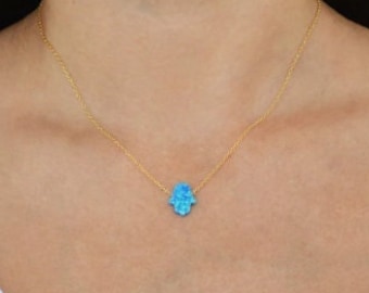 Hamsa Necklace. Sterling silver Blue Opal Hamsa necklace. Turkish necklace. Silver gold Necklace. Opal Fatima necklace. Good luck Necklace.