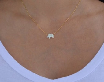 White opal elephant necklace. Small elephant necklace. Sterling silver elephant necklace. Silver gold-plated Elephant necklace. Jewelry Gift