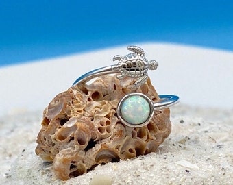 Opal Ring. White Opal Sterling Silver Adjustable Ring. Silver Turtle Ring. Opal Moon Ring. Adjustable Silver Band. Beach Jewelry. Ring. Gift